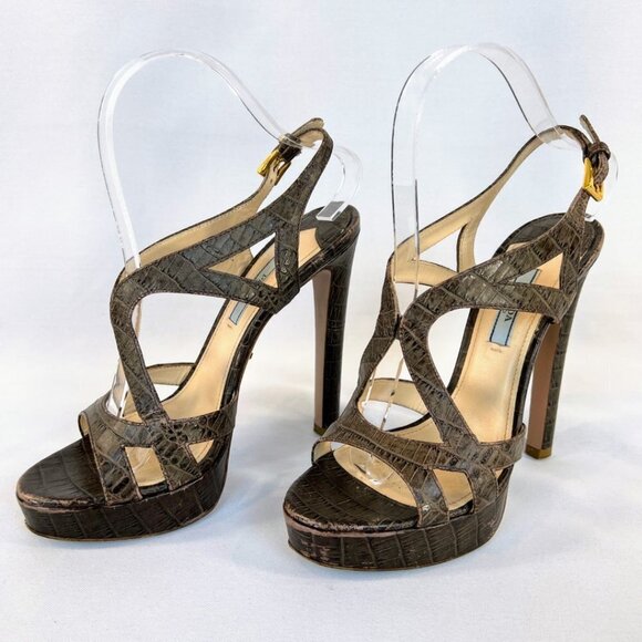 Prada Brown Embossed Leather Cut Out Platform Sandals $581 - Picture 4 of 12